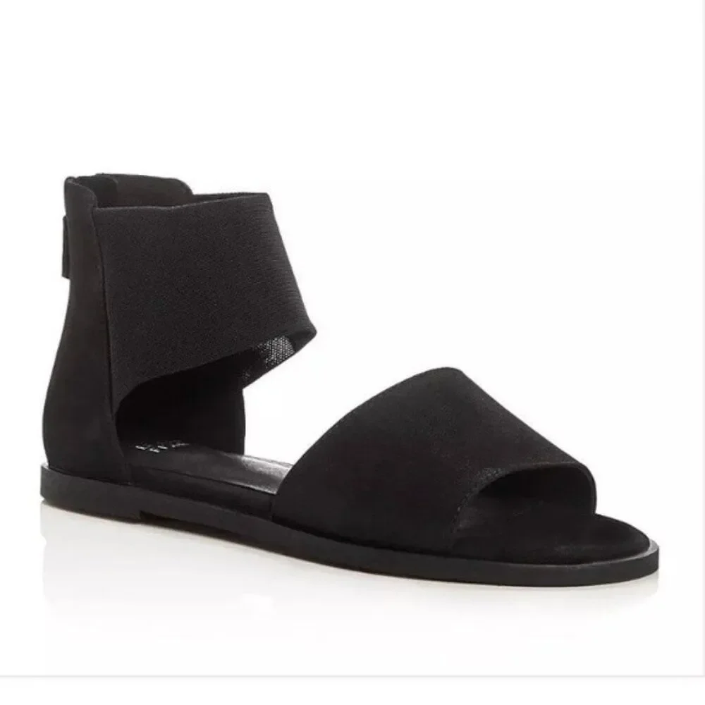 Eileen Fisher Black Suede & Wide Mesh Stretch Ankle Strap Back Zip Sandals Sz 8
